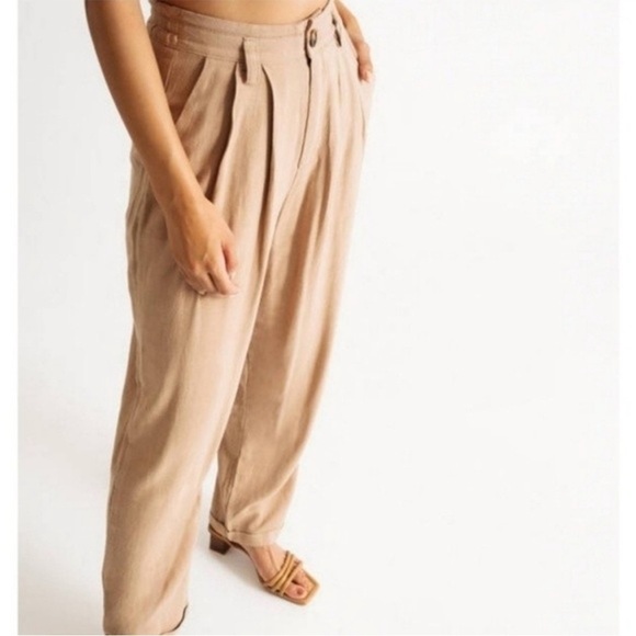 MABLE Women's Wide Leg Linen Blend Tan Pants Cuffed Pleated Medium - Picture 3 of 16